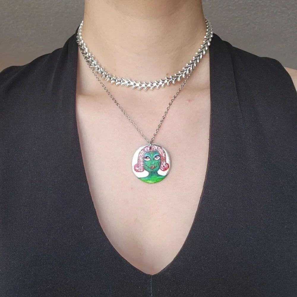 Unique colourful green witch pendant on a dainty silver chain - Picture 7 of 13